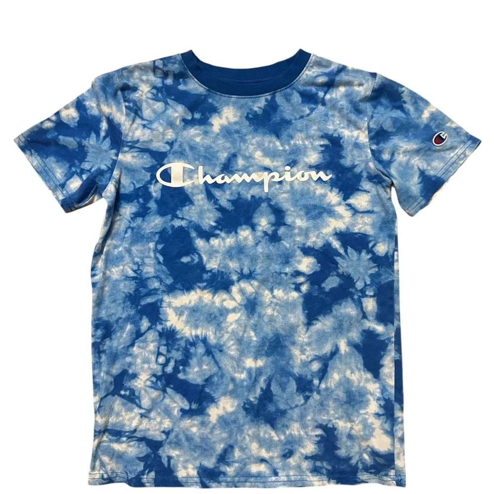 Champion Youth Boys‎ Blue Tie Dye T-Shirt Size Large Spell Out Champion Shirt